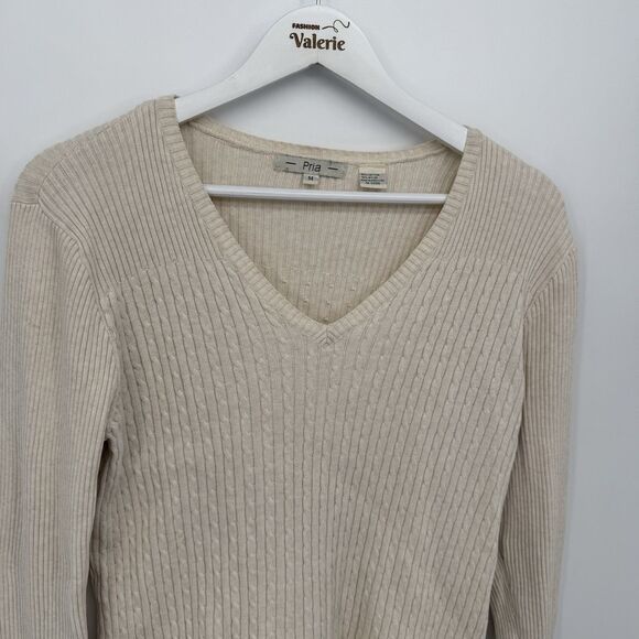 Pria Beige Cable Knit Cotton V Neck Sweater Y2k Size Medium - Picture 2 of 9